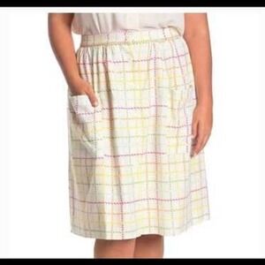 Modcloth White Rainbow Plaid Linen Blend Artsy Button Skirt 16 Classic Casual